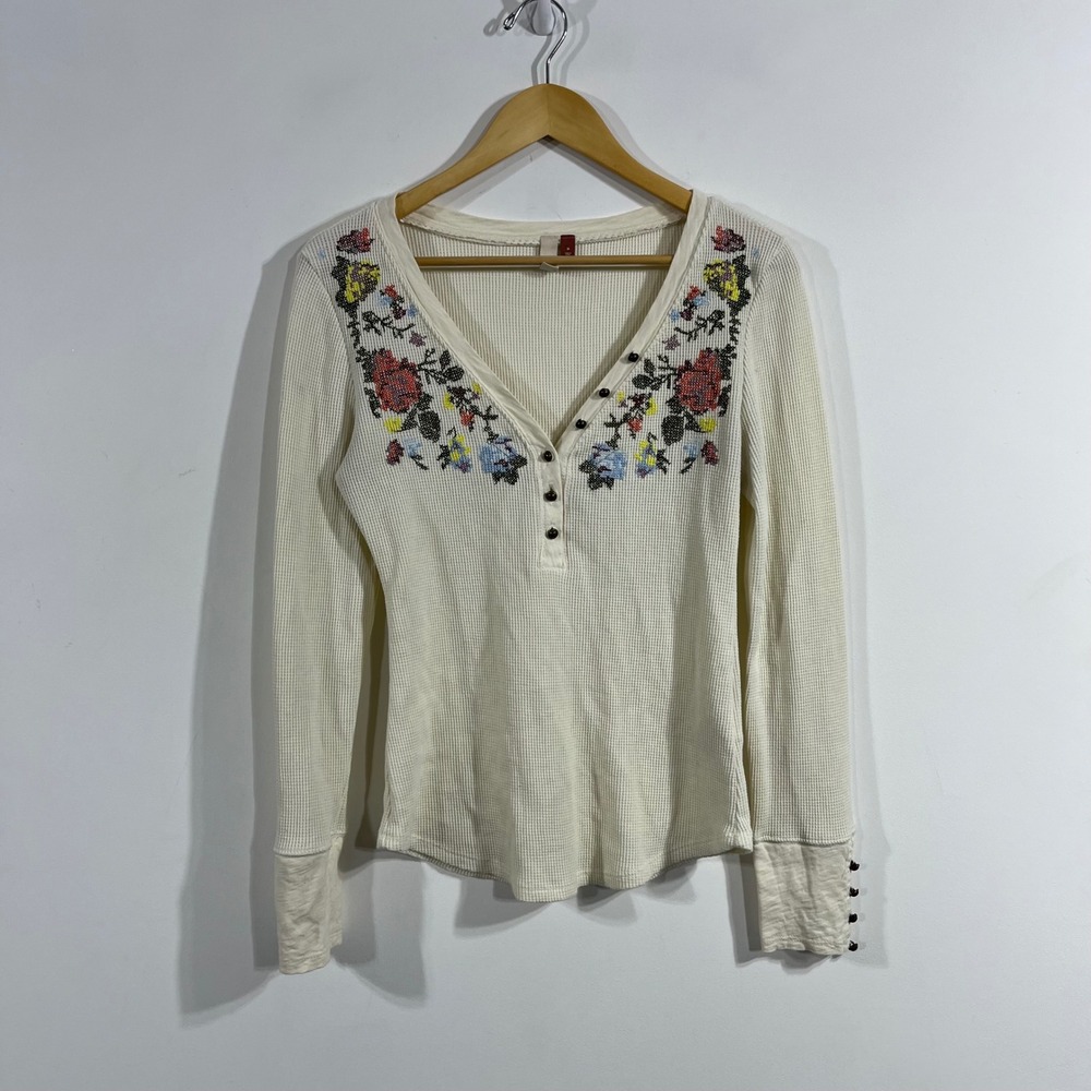 Pilcro Fairy Grunge Y2K Thermal Floral Embroidered Waffle Knit Henley Top Medium